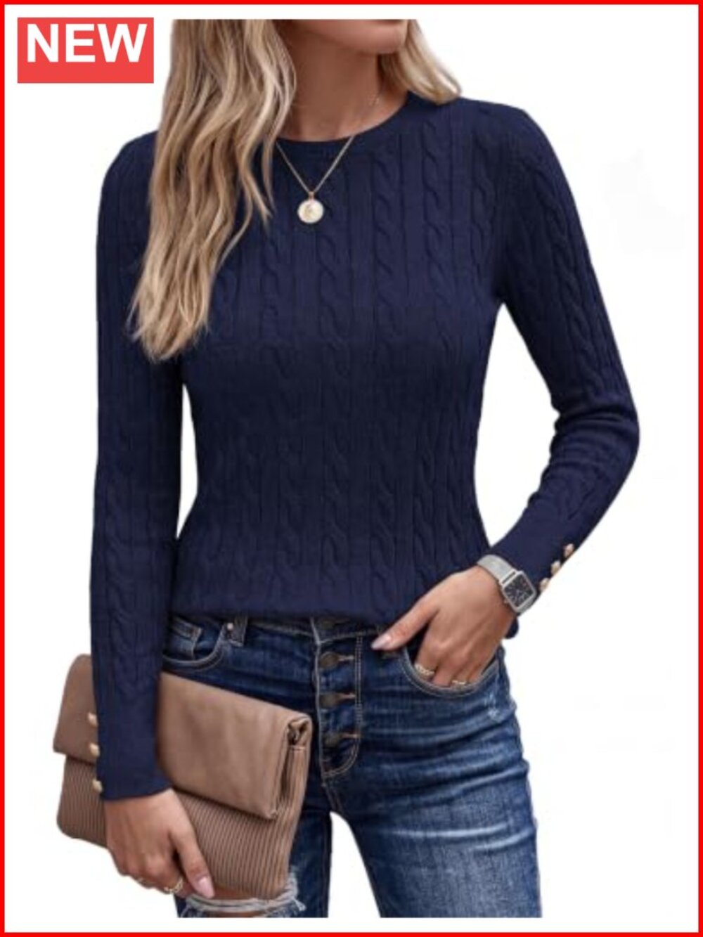 Cable Knit Long Sleeve Crewneck Pullover Sweater with Button Cuffs
